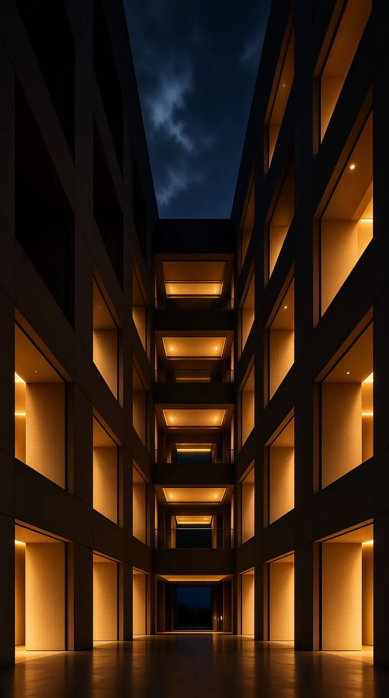 Warm orange light fills stacked recessed alcoves along a dark interior courtyard open to a night sky.