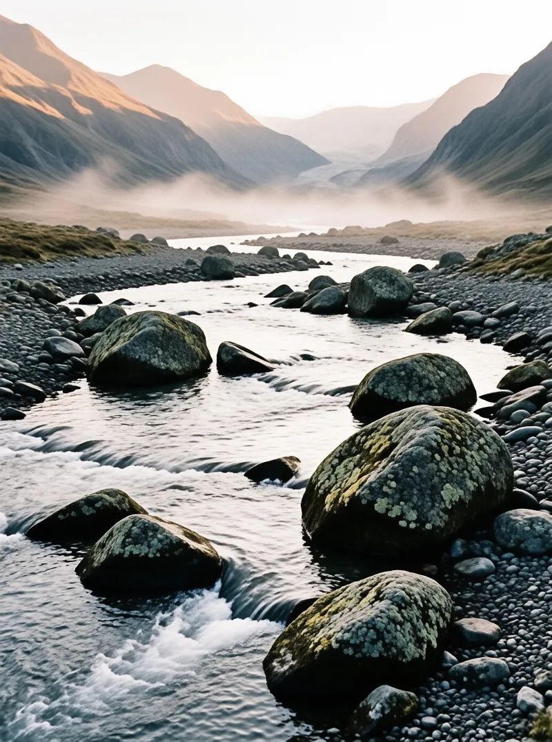 Cold water rushes past dark rounded boulders in a valley where low-lying clouds obscure the base of the peaks.