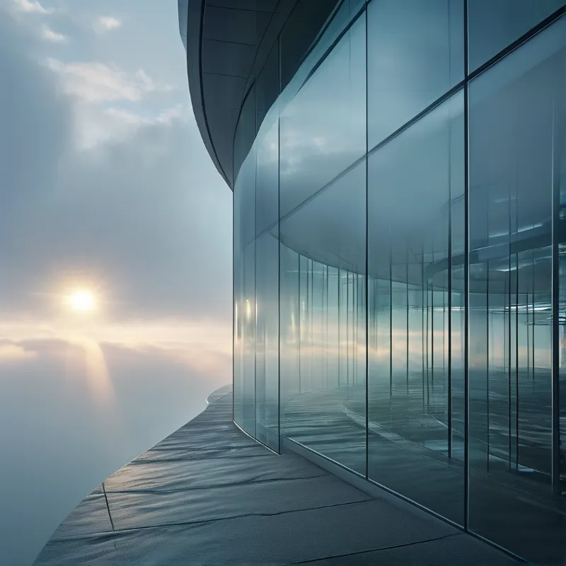 Curved Glass Facade in Sunset Cloudsea