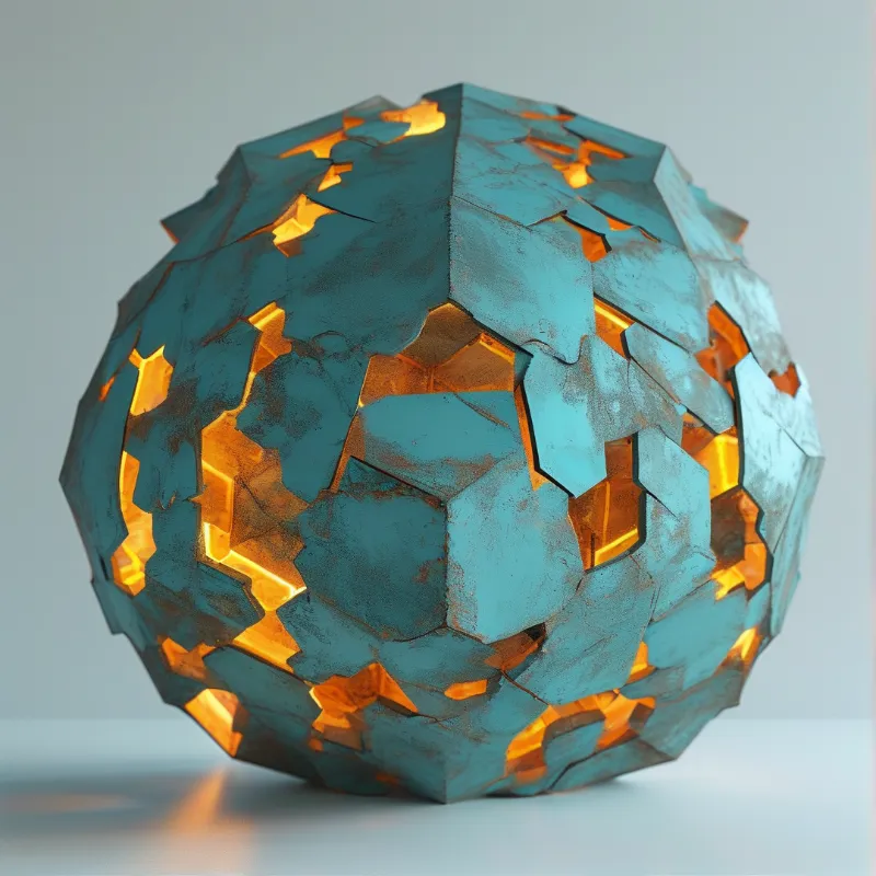 A blue sphere with fractured surface glows orange through cracks against neutral backdrop.
