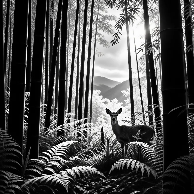 A deer looks forward while standing amidst tall bamboo stalks and ferns in a monochrome forest landscape.