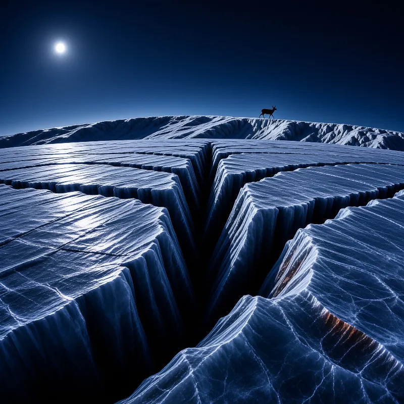 A lone deer stands at the crest of a vast cracked ice field bathed in cool blue moonlight.