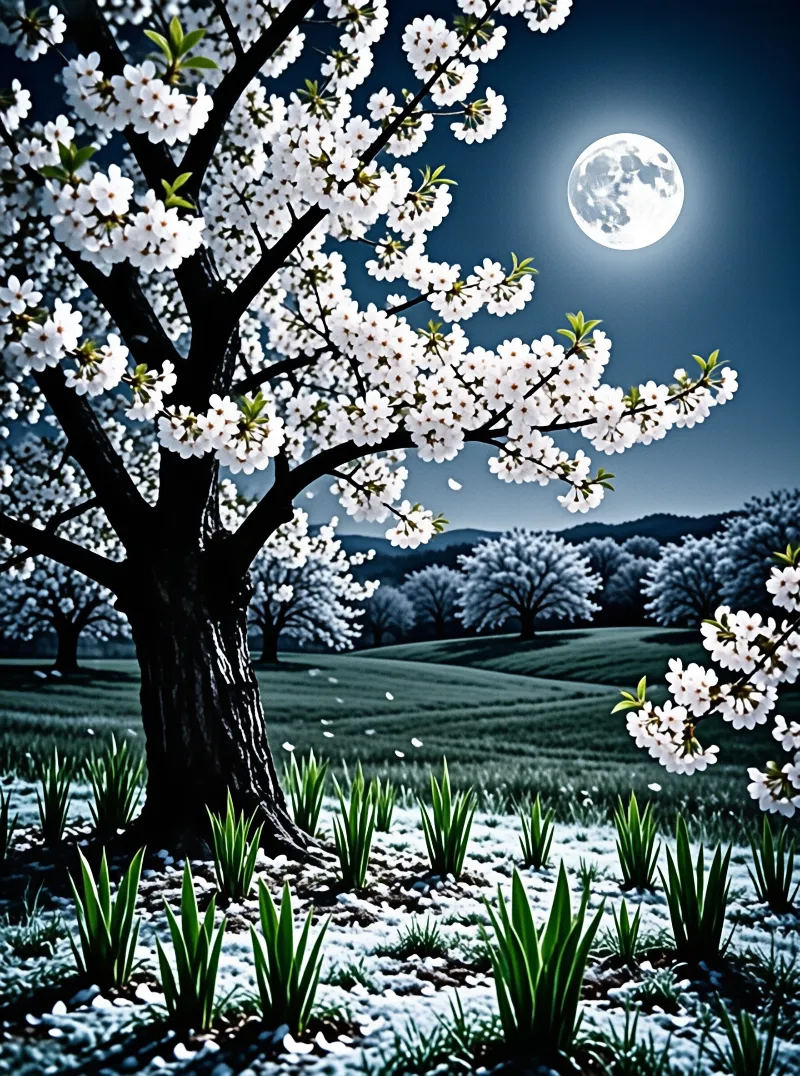 A white flowering tree stands on a snowy field with green shoots under a bright full moon in a dark blue sky.