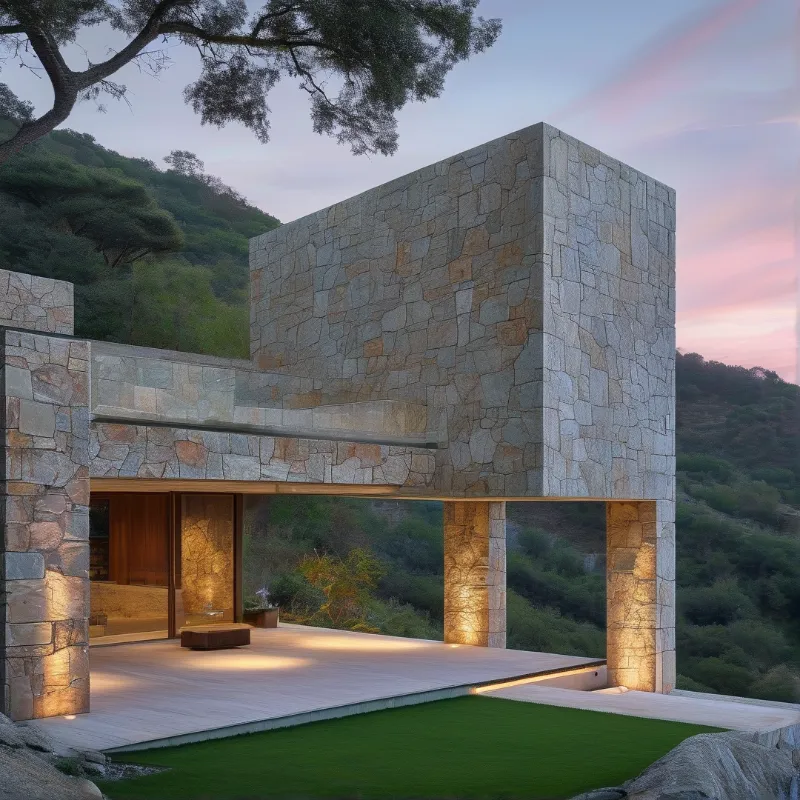 Rough granite walls float above an open timber deck, uplit at dusk with pine covered hills behind.