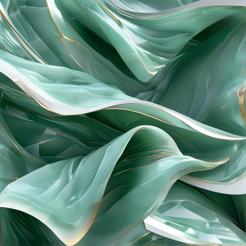 Green glass creates soft rolling waves, with metallic gold accents tracing sharp edges and translucent folds of the design