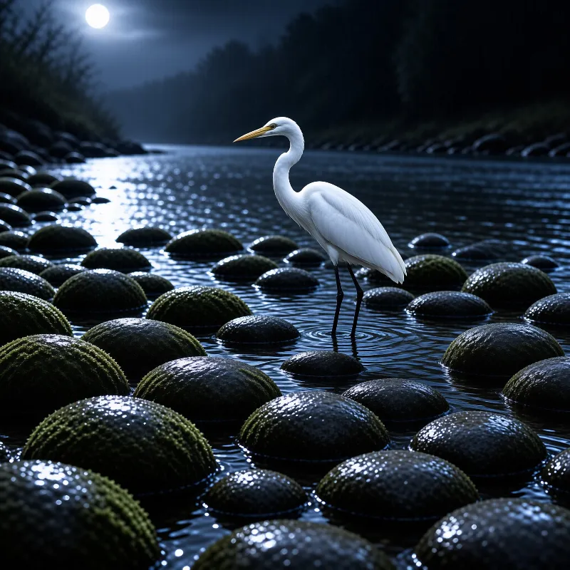 White egret stands on mossy rocks in a moonlit river with rippling water reflecting the night sky