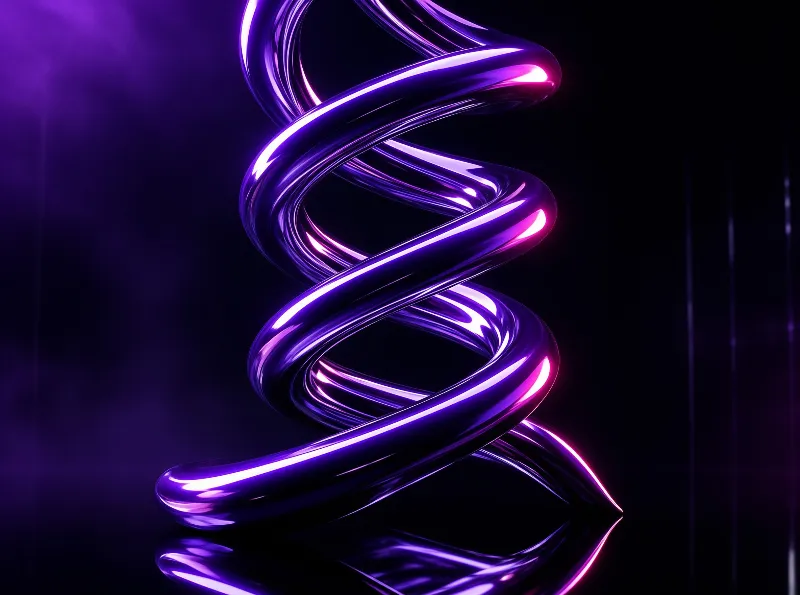 A glossy purple metallic spiral twists upwards against a black background with bright neon reflections.