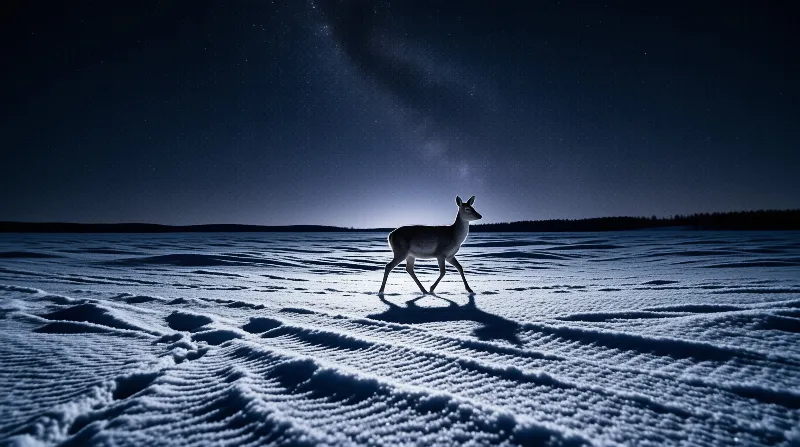 A solitary deer walks across a vast field of rippled snow beneath a deep blue night sky scattered with stars.