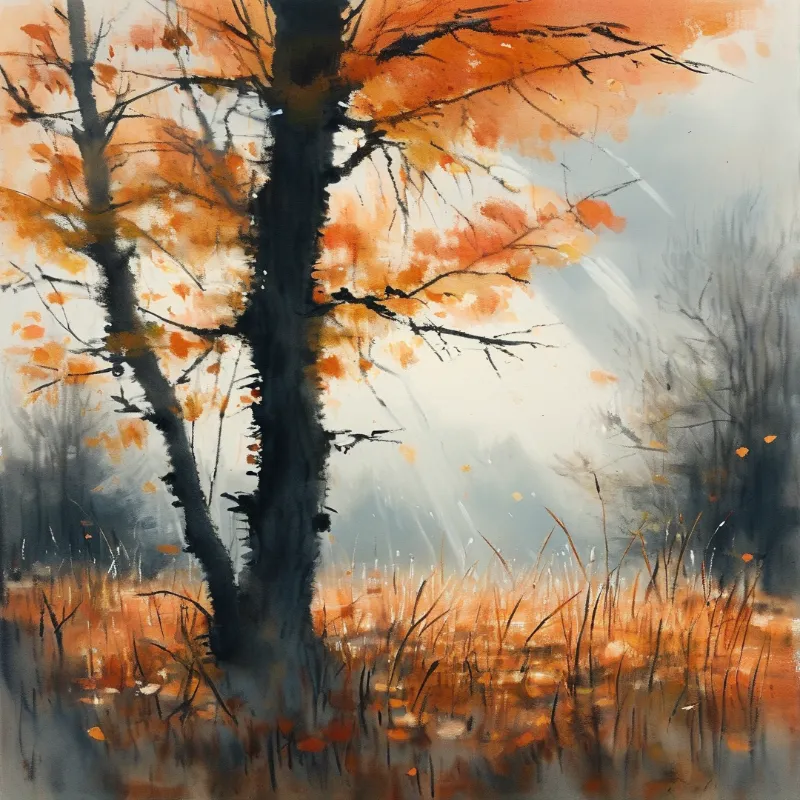 A dark tree stands in a misty forest with orange autumn leaves and sunbeams illuminating the scene