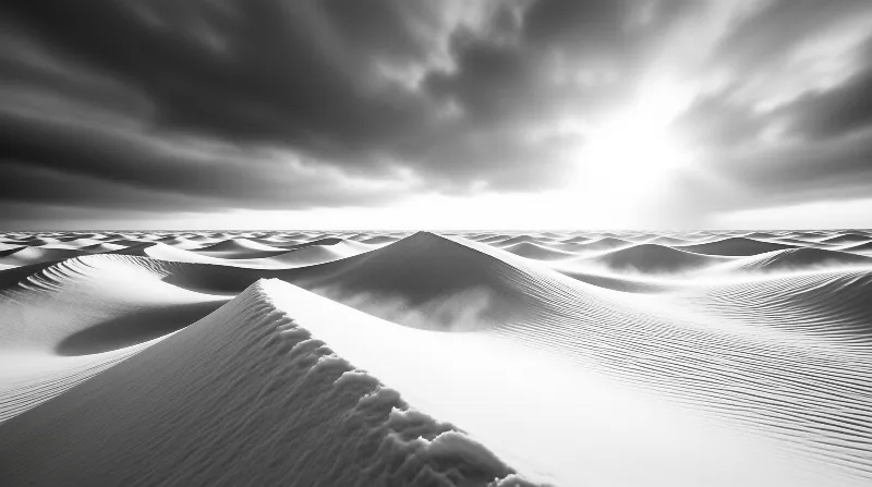Endless sandy dunes with sharp ridges stretch to the horizon beneath heavy dark clouds with bright light breaking through.