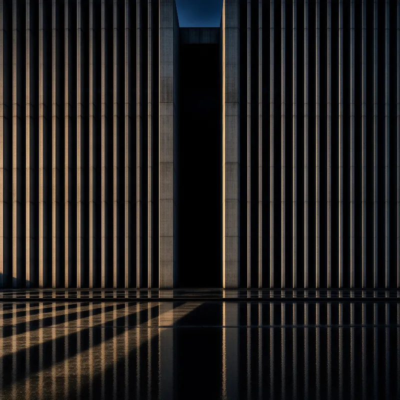 Vertical concrete fins form a symmetrical facade above a still pool mirroring the warm rim lighting.