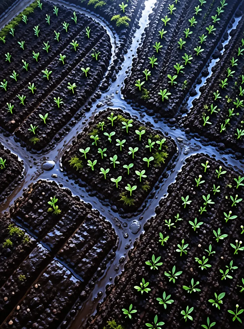 Rows of young green seedlings emerge from dark moist soil separated by narrow channels of standing water in a nursery bed.