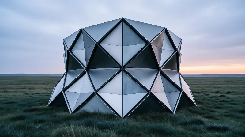 A shiny metallic dome rests on a vast grassy field beneath a soft gradient sky.