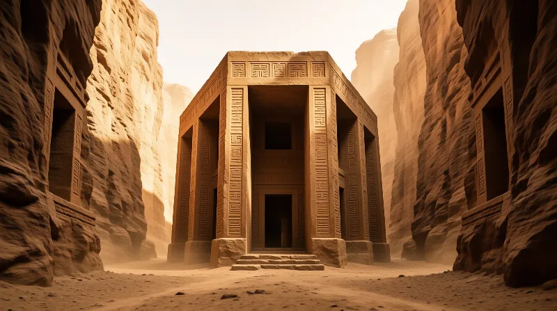 Massive stone architecture with intricate geometric patterns sits centrally within a dusty rocky gorge.