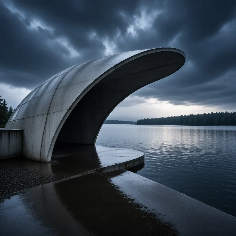 A massive curved concrete archway overlooks a quiet lake under dramatic dark clouds.
