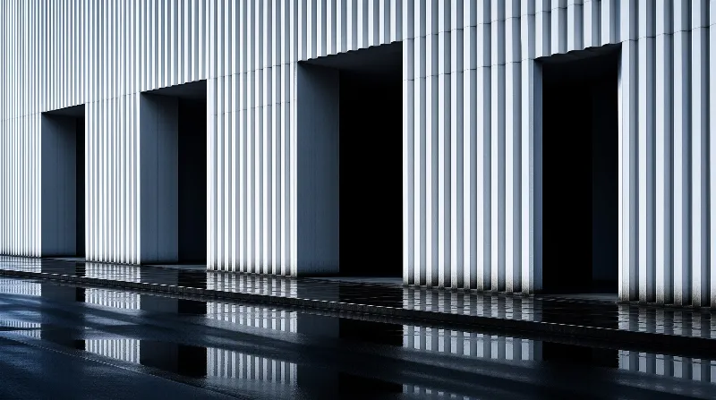 A minimalist white building exterior features vertical slats and deep shadowed openings mirrored in a reflective puddle on the wet ground.