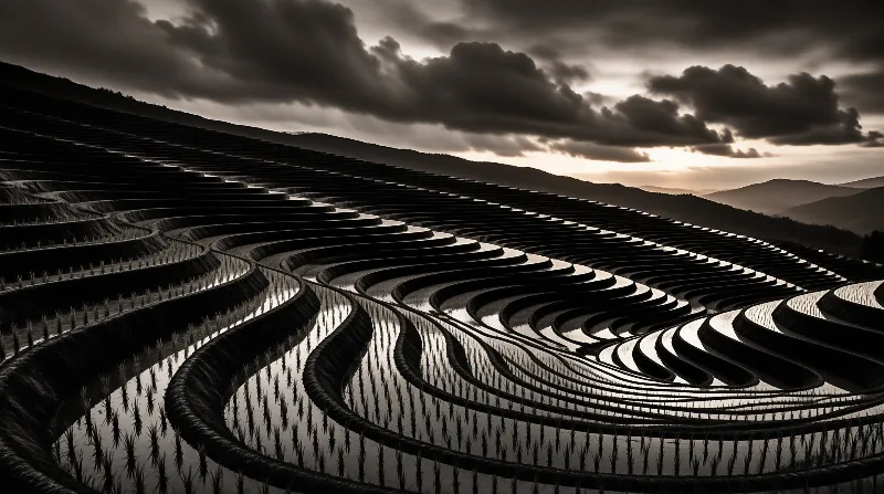 A vast landscape of waterfilled terraced fields curves across a hillside under a heavy cloudy sky during sunset