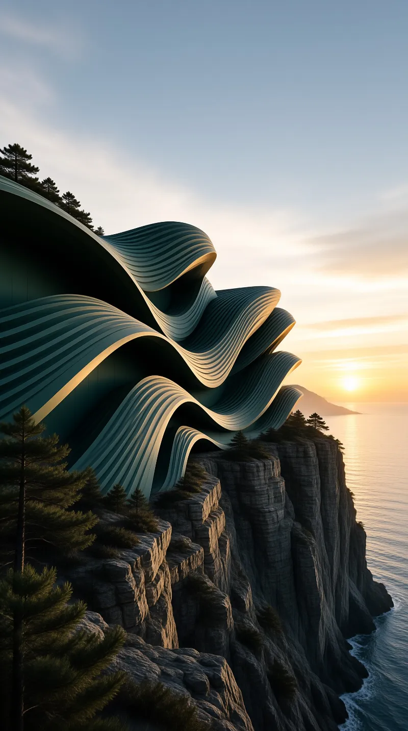 A modern wavy building with curved teal and gold layers stands on a rocky cliff with pine trees above a calm ocean at sunset.