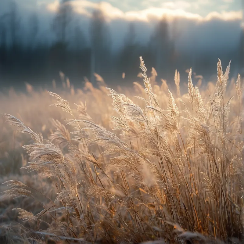 Wild grass covered in frost shines brightly as sun casts a warm glow across the stems against a blurred forest background.