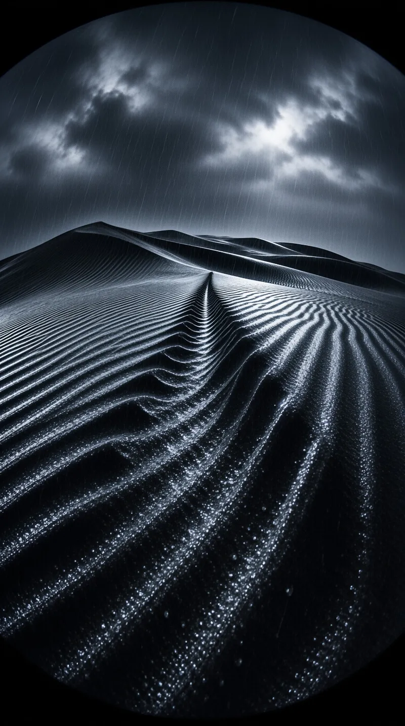 Monochromatic desert landscape showing wind carved ripples across the dune surface beneath heavy clouds and falling rain.