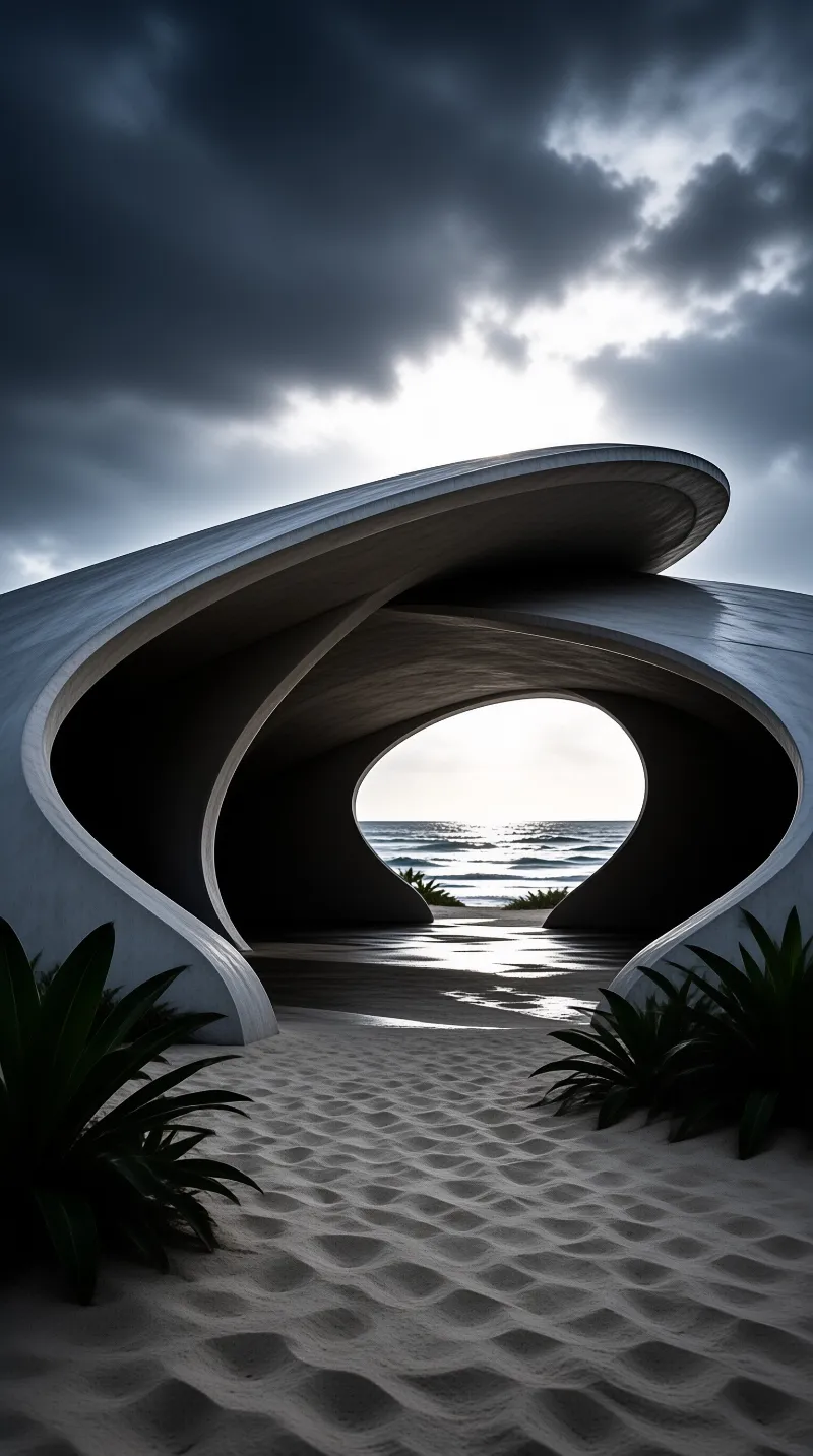 A sweeping concrete shelter frames the ocean through a circular opening on a sandy beach under dark clouds.