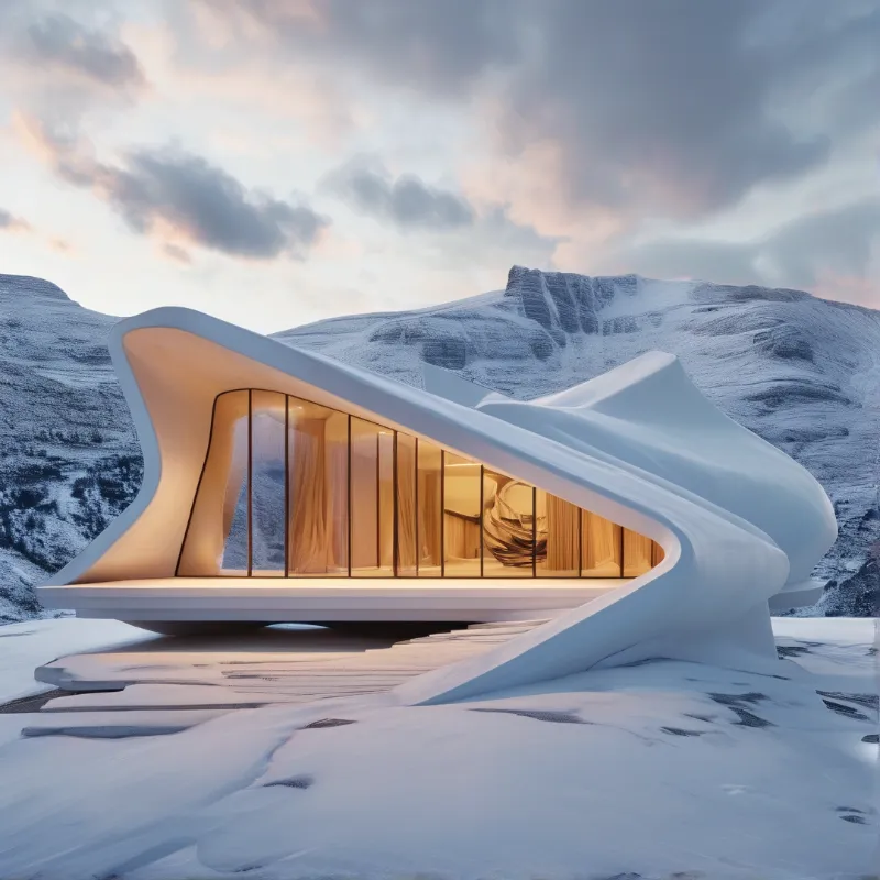 A curved white glass fronted pavilion sits in a snow covered mountain valley with glowing warm interior light under soft dusk clouds