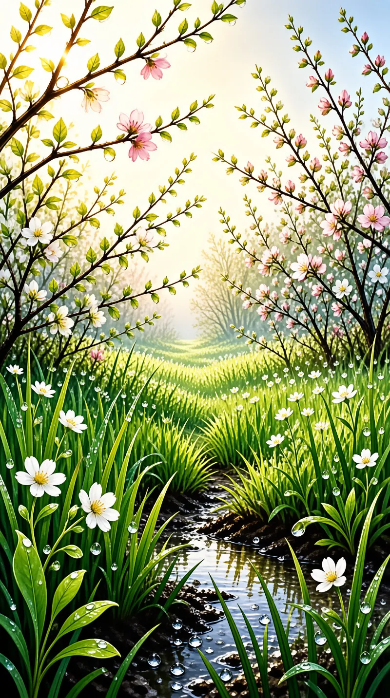 Blooming trees with pink petals arch over a stream winding through green grass dotted with white flowers.