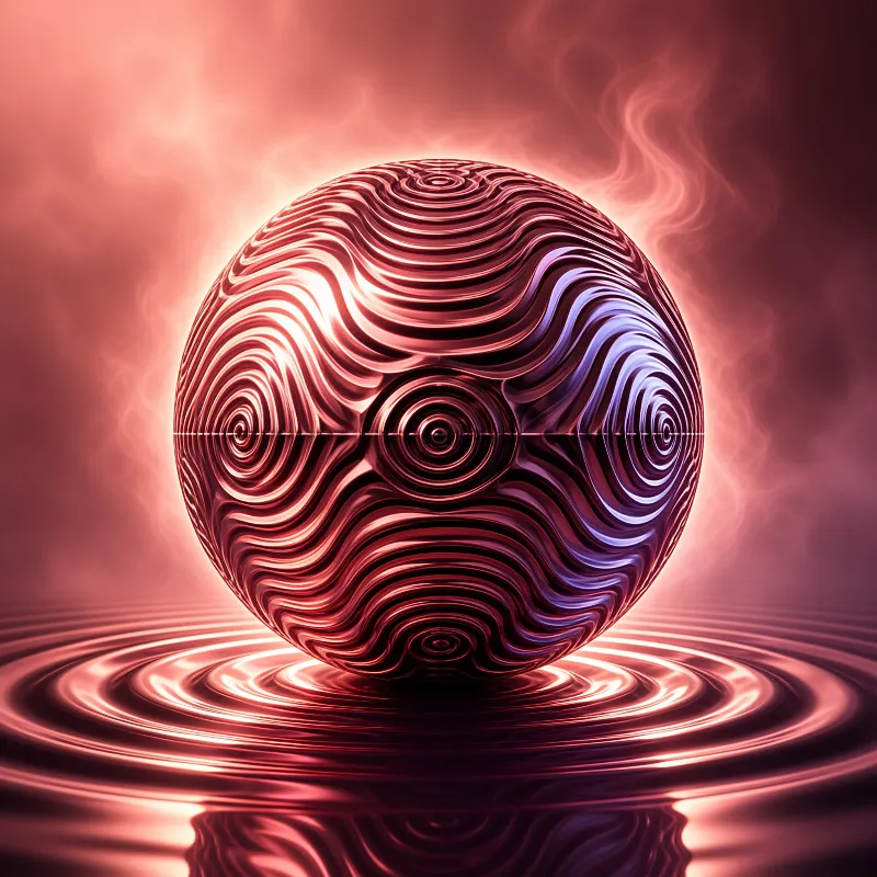 A rippled metallic sphere hovers above a pink liquid surface with concentric ripples spreading outwards.