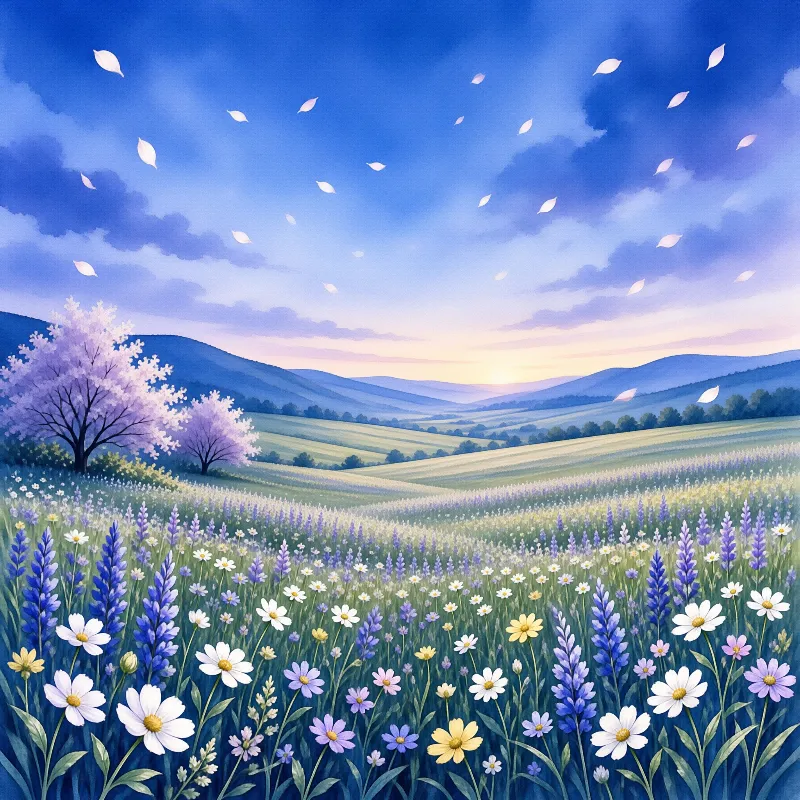 Wildflower meadow with lavender and daisies stretches to hills under a soft dusk sky with floating petals.
