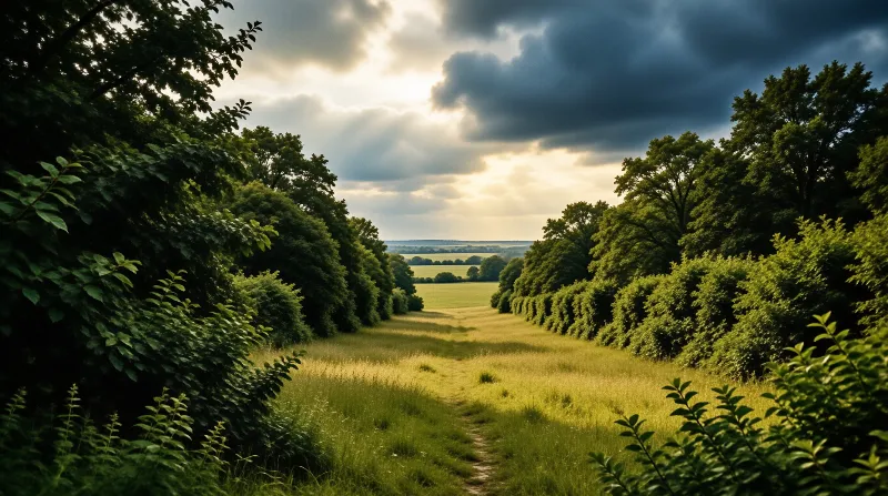 A narrow grass trail runs between leafy hedges toward open farmland lit by pale sun under heavy storm clouds.