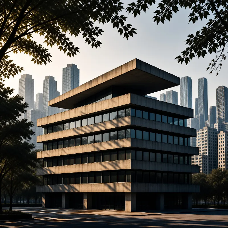 Layered building with concrete facade stands before skyscrapers while tree branches cast shadows across its surface.