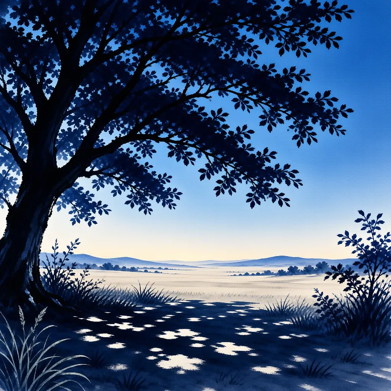 A dark tree branches frame a view of a wide blue field stretching toward distant hills under a gradient sky.