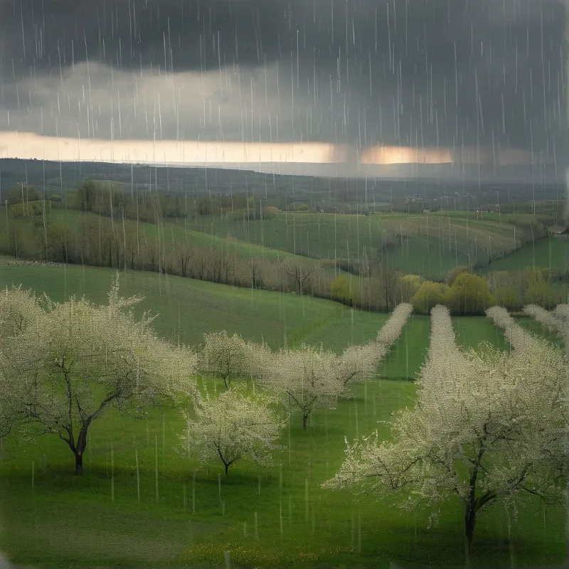 Spring rain falls in pale streaks across rolling green farmland where white blossoms light the foreground.