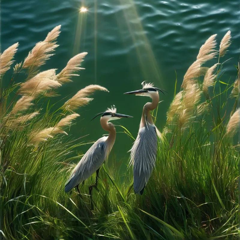 Two great egrets stand in lush reeds by dark teal water, bright sunbeams shine down to highlight their pale feathers and black crests.