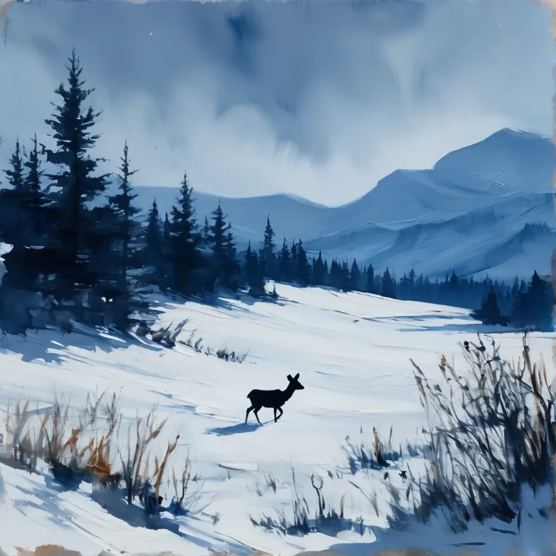 A dark deer silhouette moves across a snowfield bordered by pine trees and distant blue mountains under a cloudy sky
