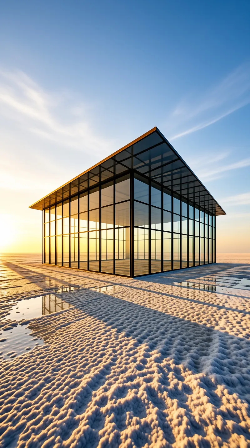 A minimal glass building with dark frames stands on cracked salt ground as sunrise light fills the panes.
