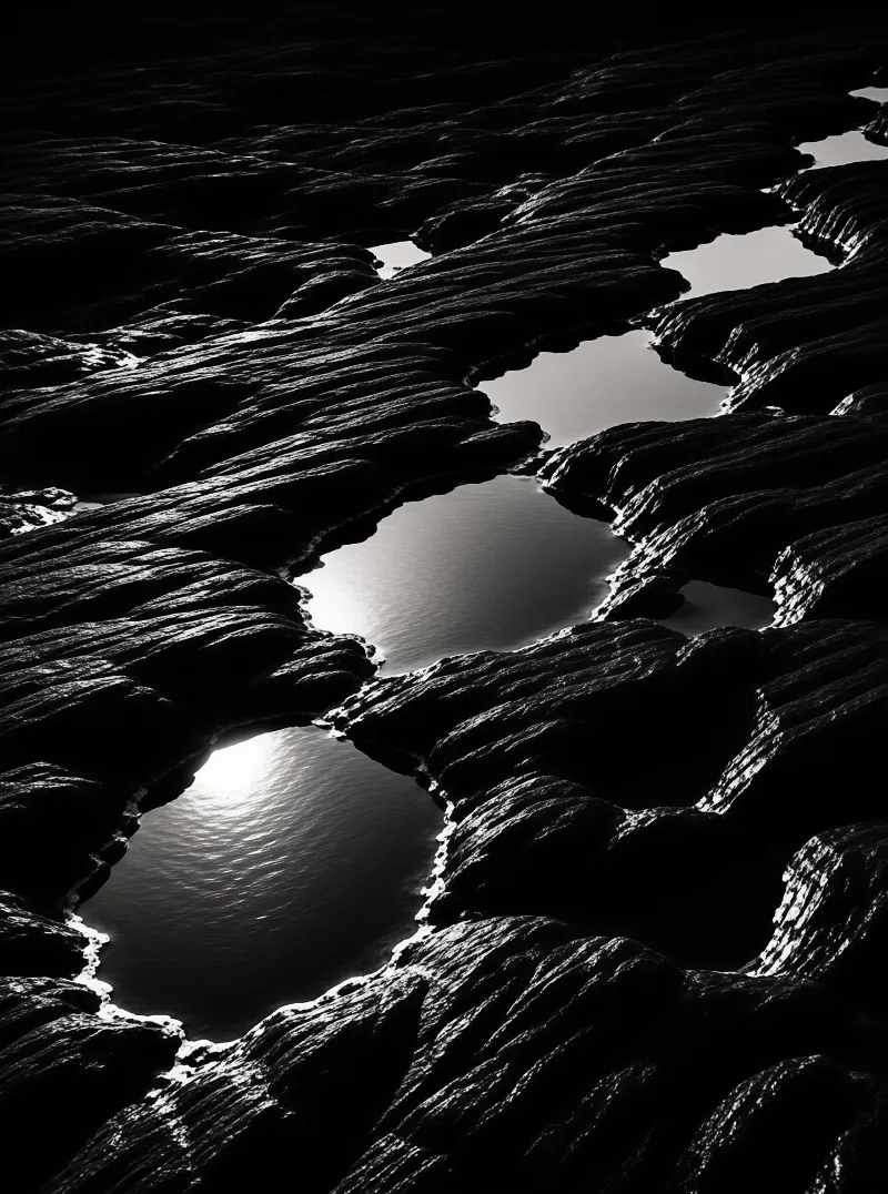 A black and white photograph of dark grooved rocks with still tide pools reflecting bright light across the textured surface