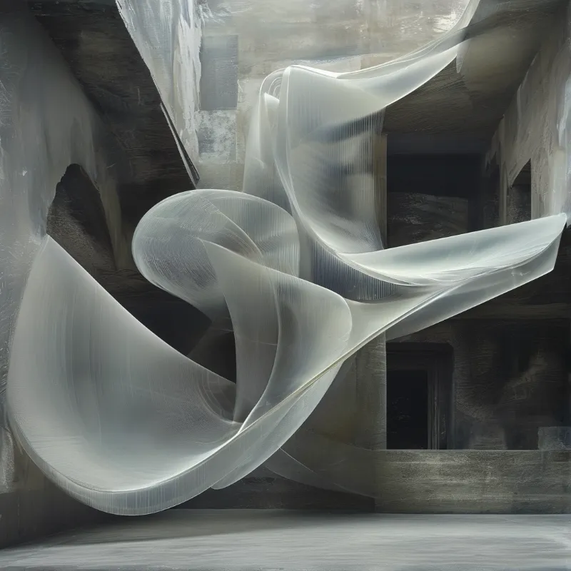 Sheer white fabric swirls dynamically through the shadowy interior of a crumbling concrete structure with archways.