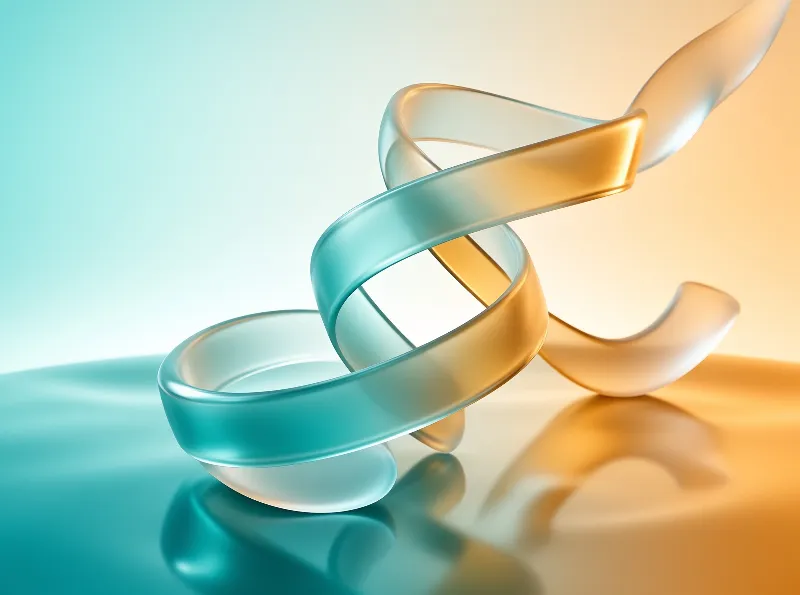 Teal and gold translucent shapes intertwine above a glossy surface reflecting the warm ambient light.