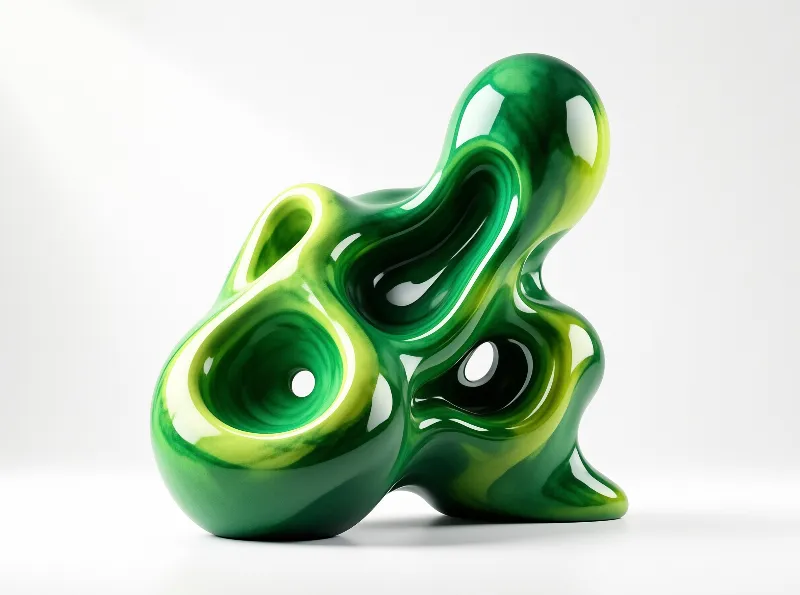 A glossy marbled green blob sculpture with rounded hollows and lime highlights sits on a clean white studio background
