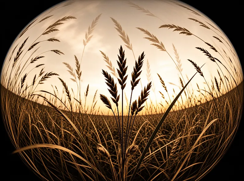 Golden wheat stalks appear as dark silhouettes against a bright sky within a circular boundary.