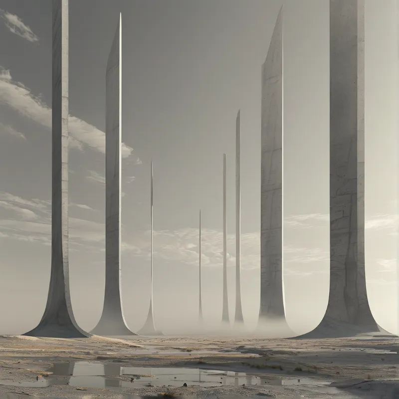 Tall concrete slabs curve upward from a flat sandy plain where shallow puddles mirror the overcast gray sky.
