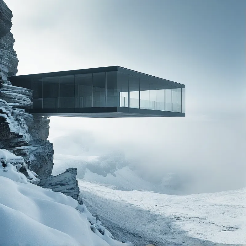 A sleek glass building protrudes from a snowy cliff edge above a misty frozen landscape.
