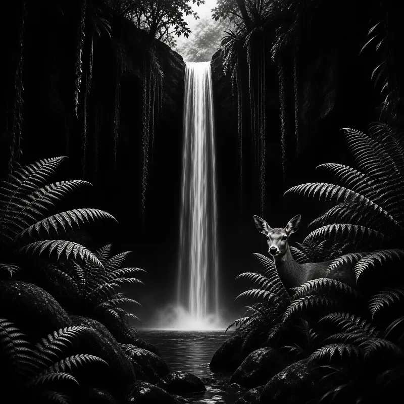 A deer looks out from large ferns while a bright waterfall pours down into a pool in a dark forest.