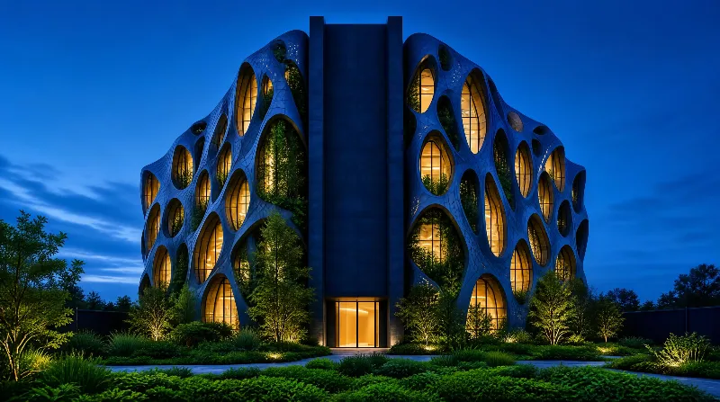 A contemporary building with a honeycomb facade featuring large oval windows surrounded by lush greenery at blue hour with warm interior lighting
