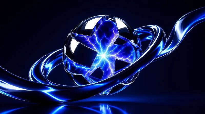 A polished metal orb opens around a crackling electric core while glowing ribbons of blue light orbit across dark ground.