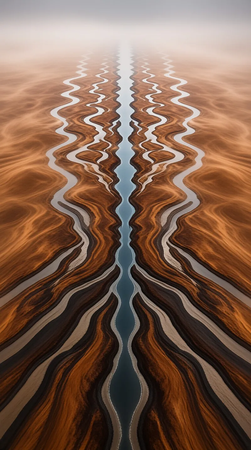A symmetrical view of flowing earth channels creating rhythmic waves across a reddish brown desert floor with soft light.