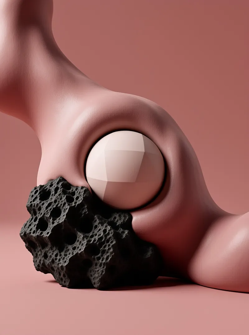 A hand presses a smooth geometric sphere against a dark porous rock within a minimalist pink studio setting with soft shadows.