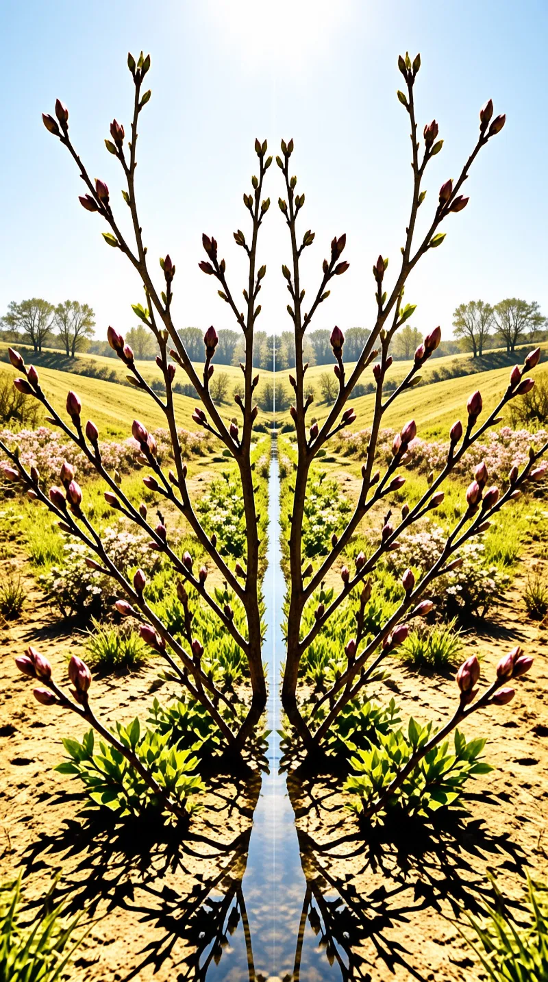 Mirrored pink buds on branches overlook a stream winding through sunlit green hills.