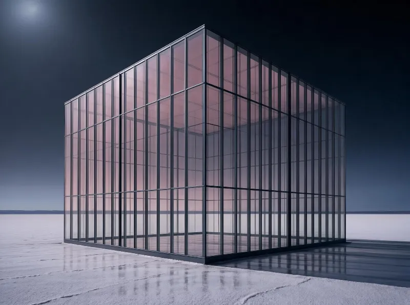 A large glass cube structure stands on a vast white salt flat under a dark sky, with soft pink light tinting the glass and casting reflections on the ground